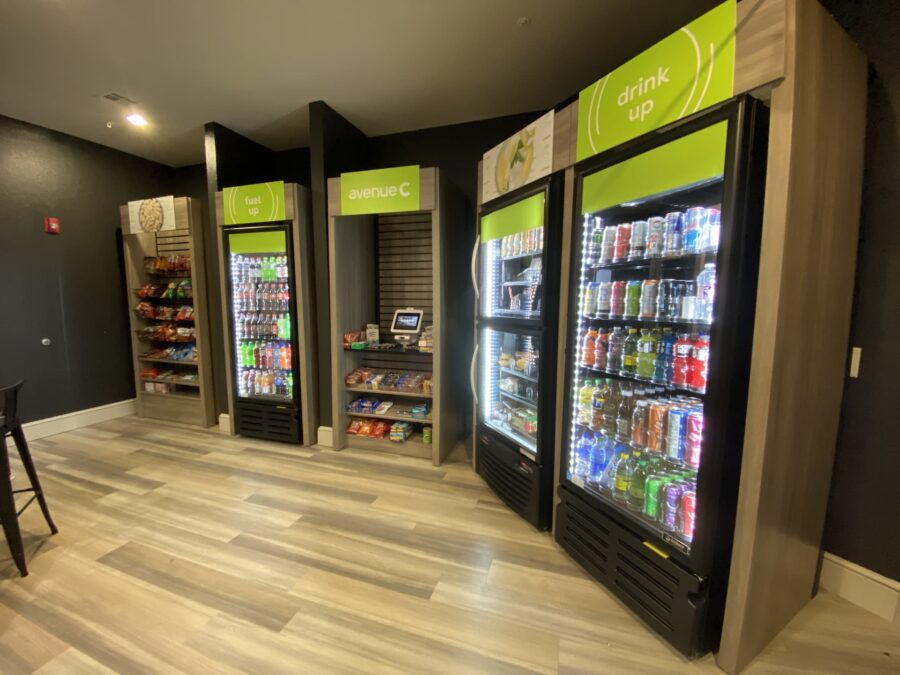 drinks and snacks in the market at forum at denton station student apartments